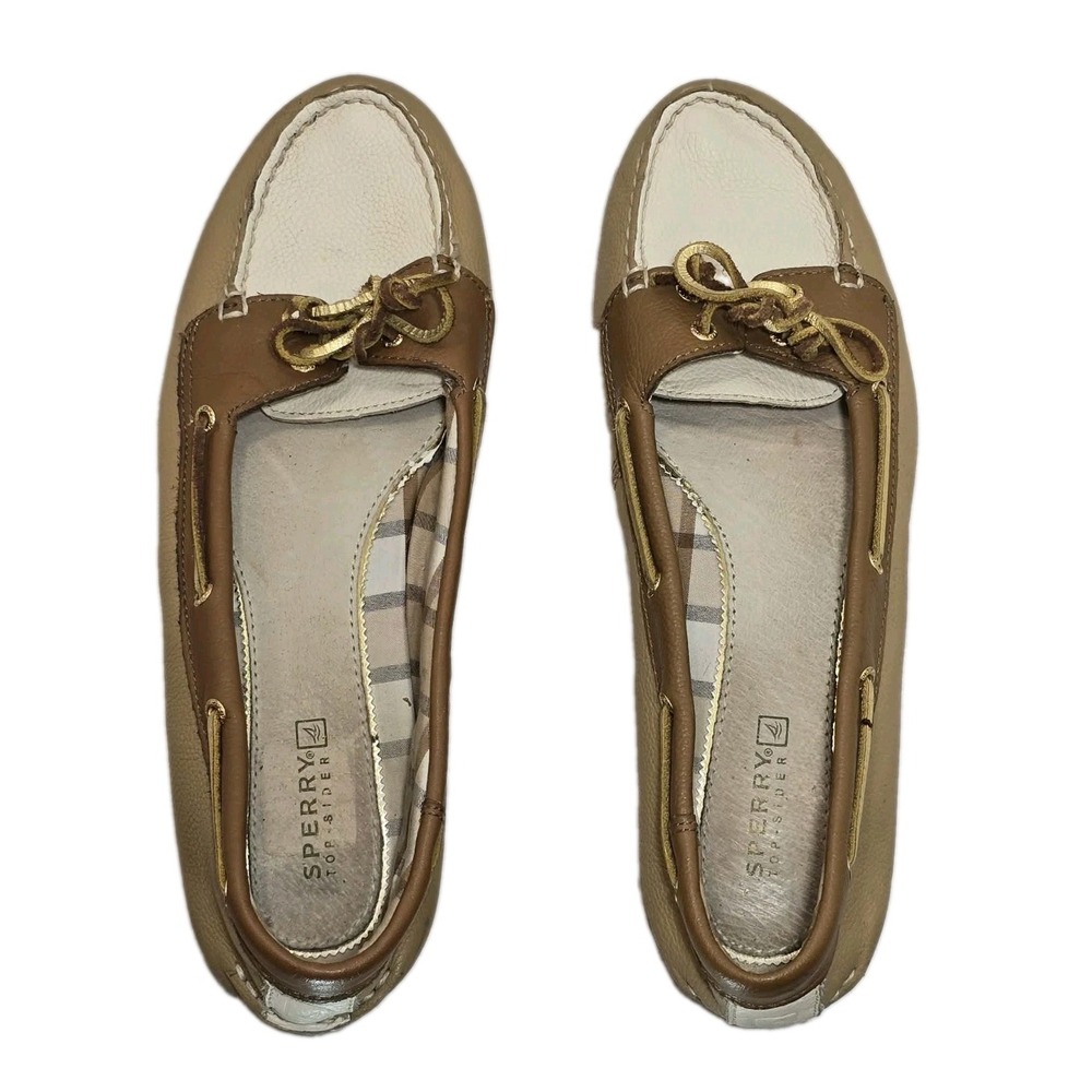 Sperry Top-Sider Boat Shoes Women's 10M Tan Cream Leather Plaid Lining - Picture 6 of 8